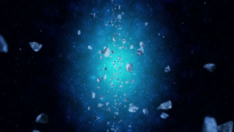 volando muchos asteroides en el fondo del espacio profundo. explosión de salpicaduras rotas. el cielo estrellado. animación 3d de meteoritos girando. animación de bucle.