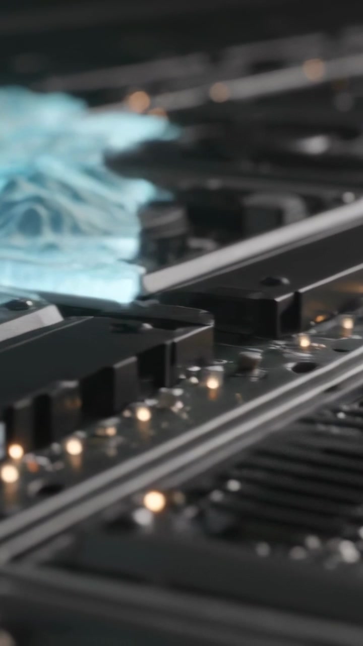 Video vertical: Cámara avanzando en laboratorio, PCB mostrando un flujo azul que barre la carcasa del ventilador, LEDs