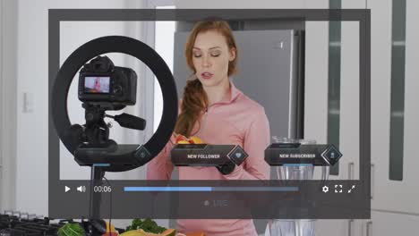 animation of digital interface and data processing over caucasian woman recording food vlog