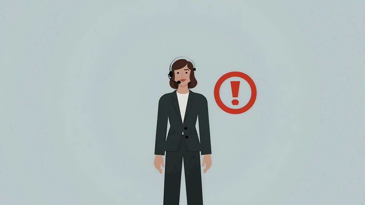 Reacting to alert, agent in dark suit with headset speaking and gesturing in studio, red icon