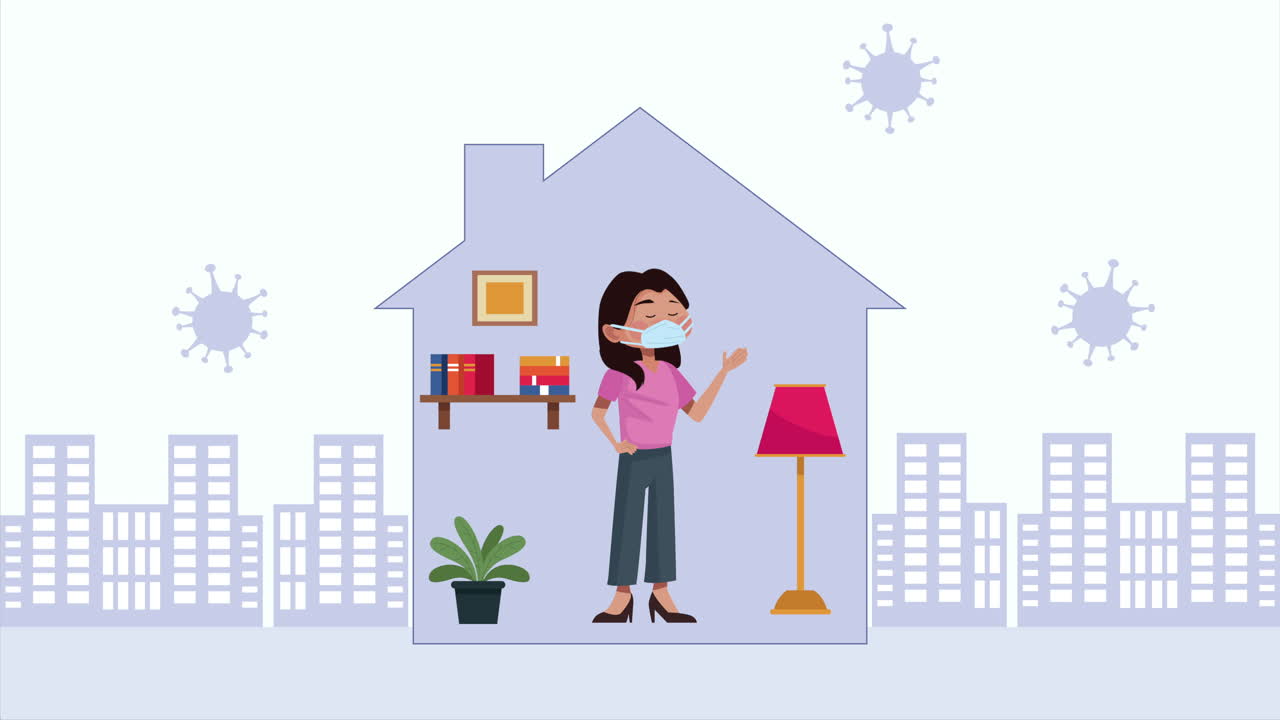 집에서 covid-19에 대한 의료 마스크를 착용하는 여성