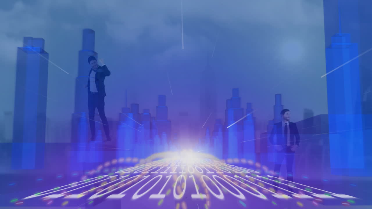 Running over digital binary code pathway, businessman in futuristic cityscape