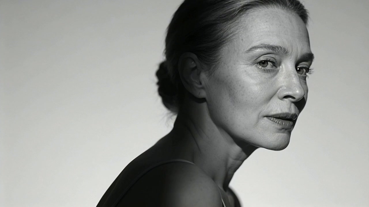 Kamera natáčí, modelka otáčí hlavu k fotoaparátu ve studiu, navazuje oční kontakt v tílku s ramínky a se světly.