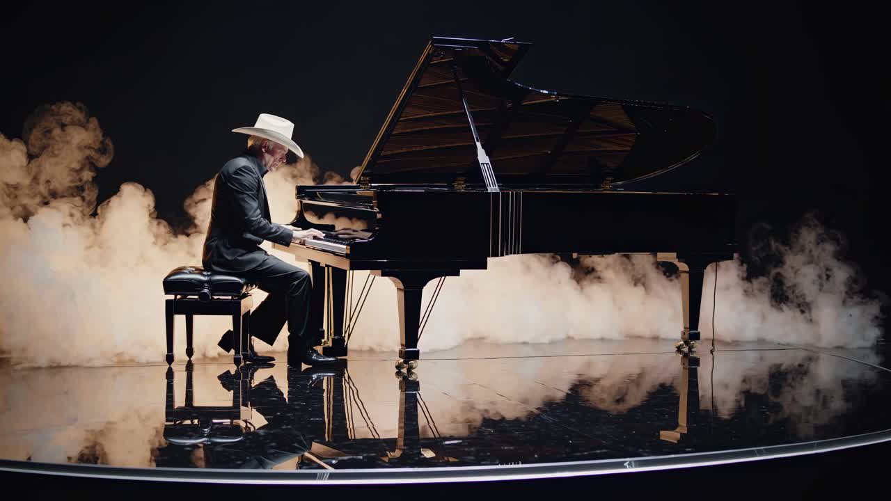 Una scena video cinematografica di un pianista con un cappello da cowboy che suona un pianoforte a coda