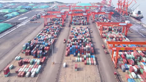 Bird's view container ship carrying container in import export business logistic and transportation