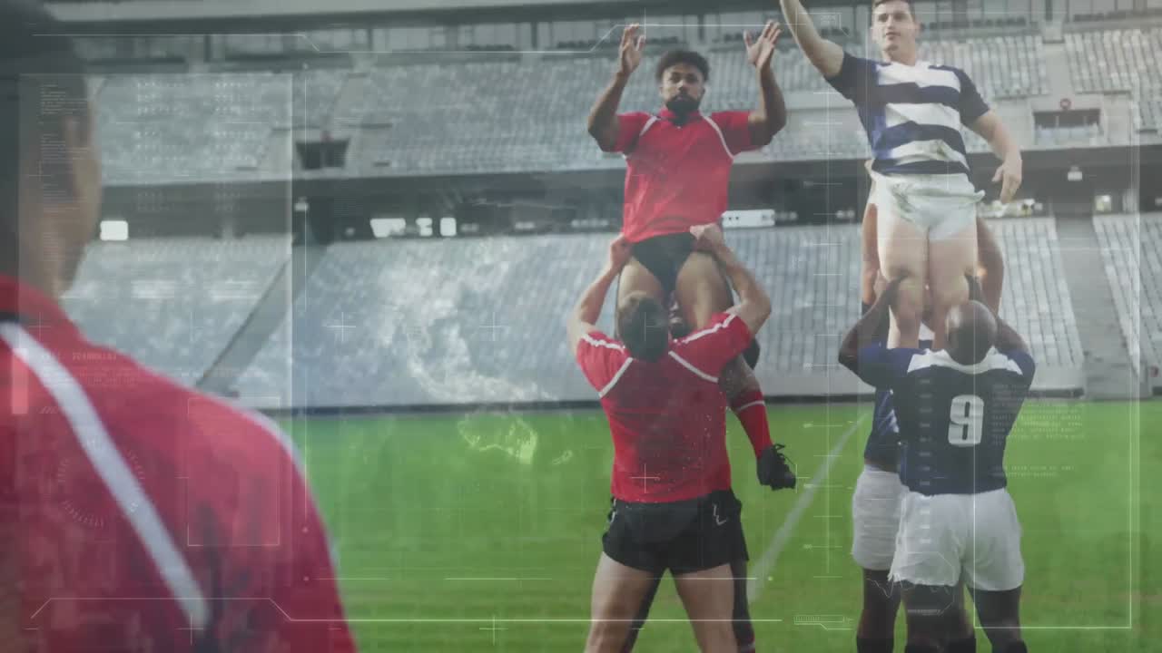 animación del procesamiento de datos durante un partido de rugby en un estadio deportivo