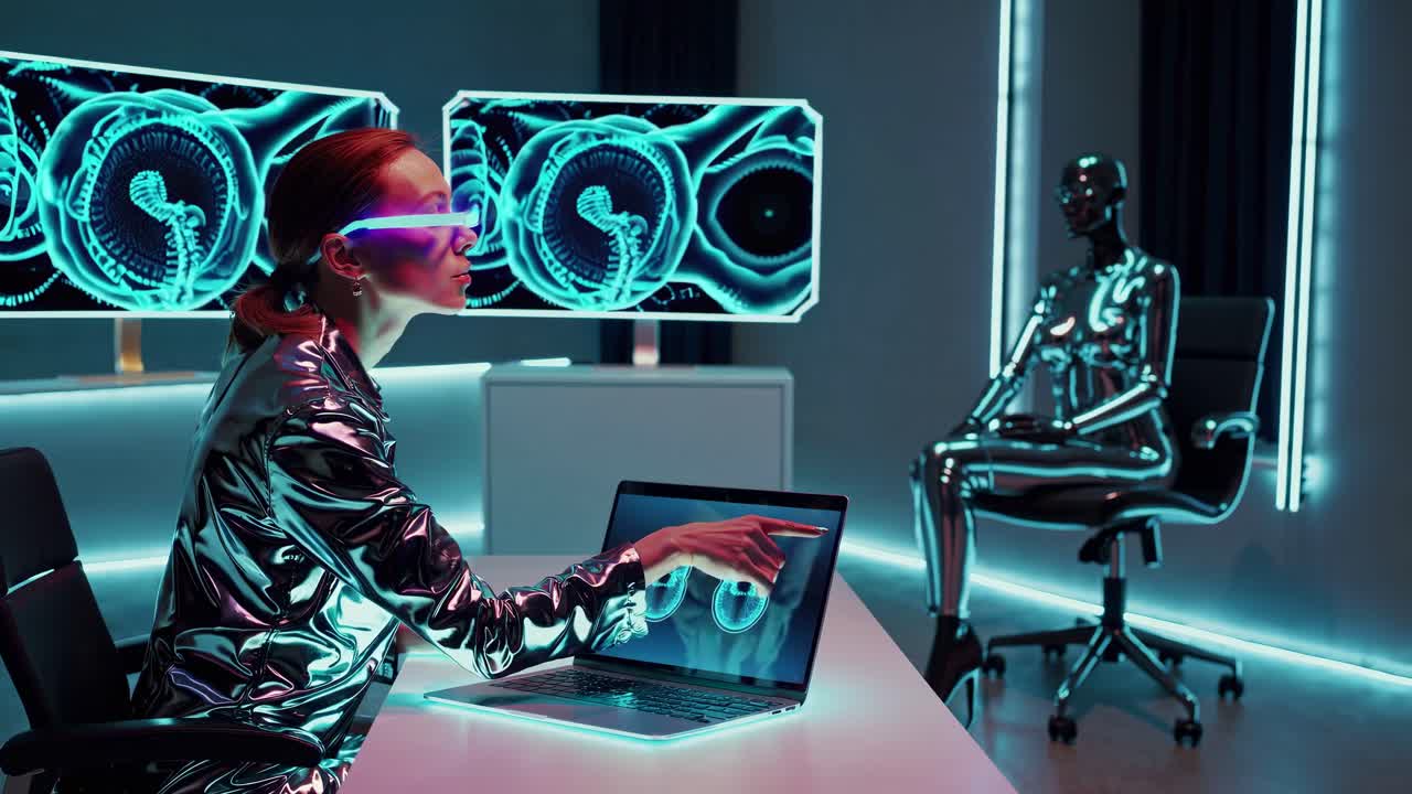 Woman interacting with a robot in a futuristic medical lab