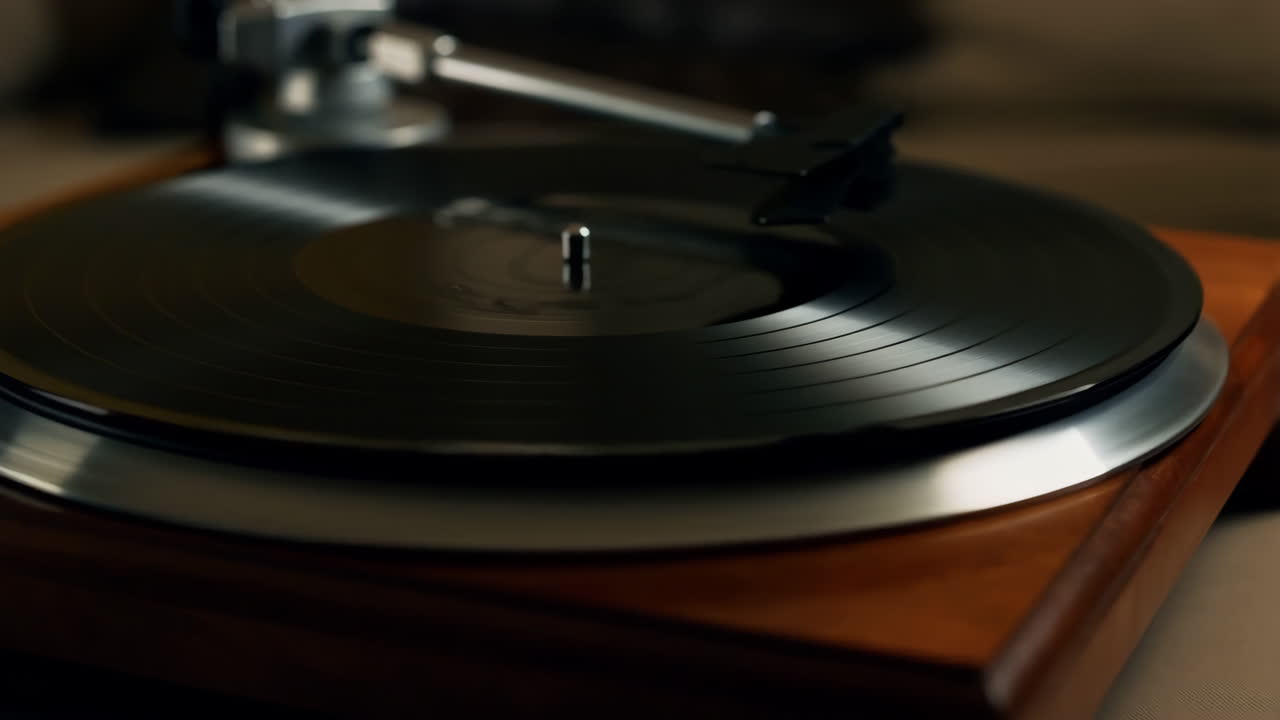 Close-up of a Vinyl Record Playing on a Turntable