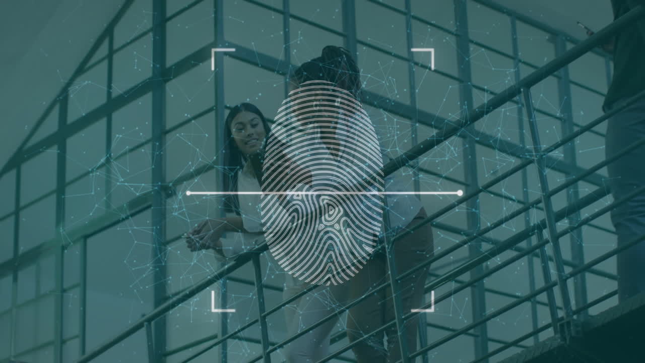 Fingerprint scanning animation over people walking on stairs in modern building