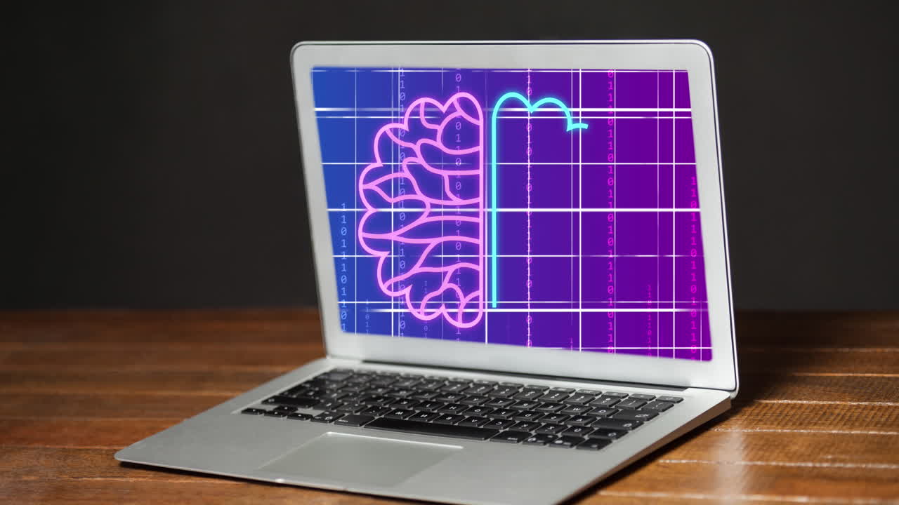 animación del icono de la ia y procesamiento de datos en el portátil en el escritorio