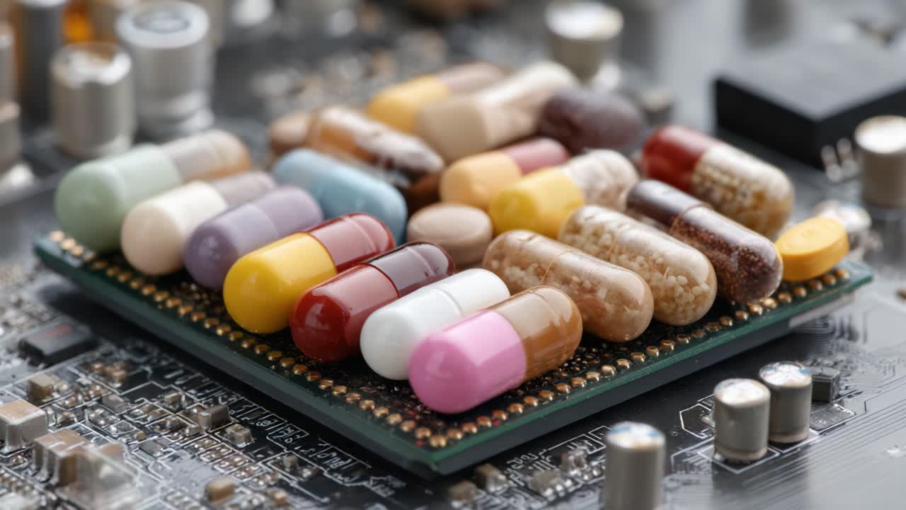 A Close-Up of Colorful Pills Arranged on a Circuit Board, Blending the World of Medicine with Technology in a Unique Composition