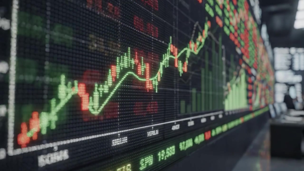 Dinamica sala di contrattazione della borsa con trader che analizzano dati finanziari in tempo reale e movimenti dei grafici in un ambiente ad alta tecnologia.