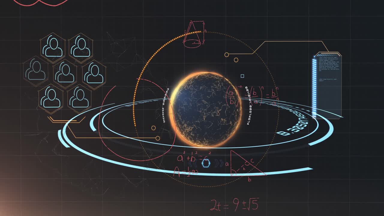 전 세계에 대한 수학적 방정식의 애니메이션과 디지털 연결 네트워크