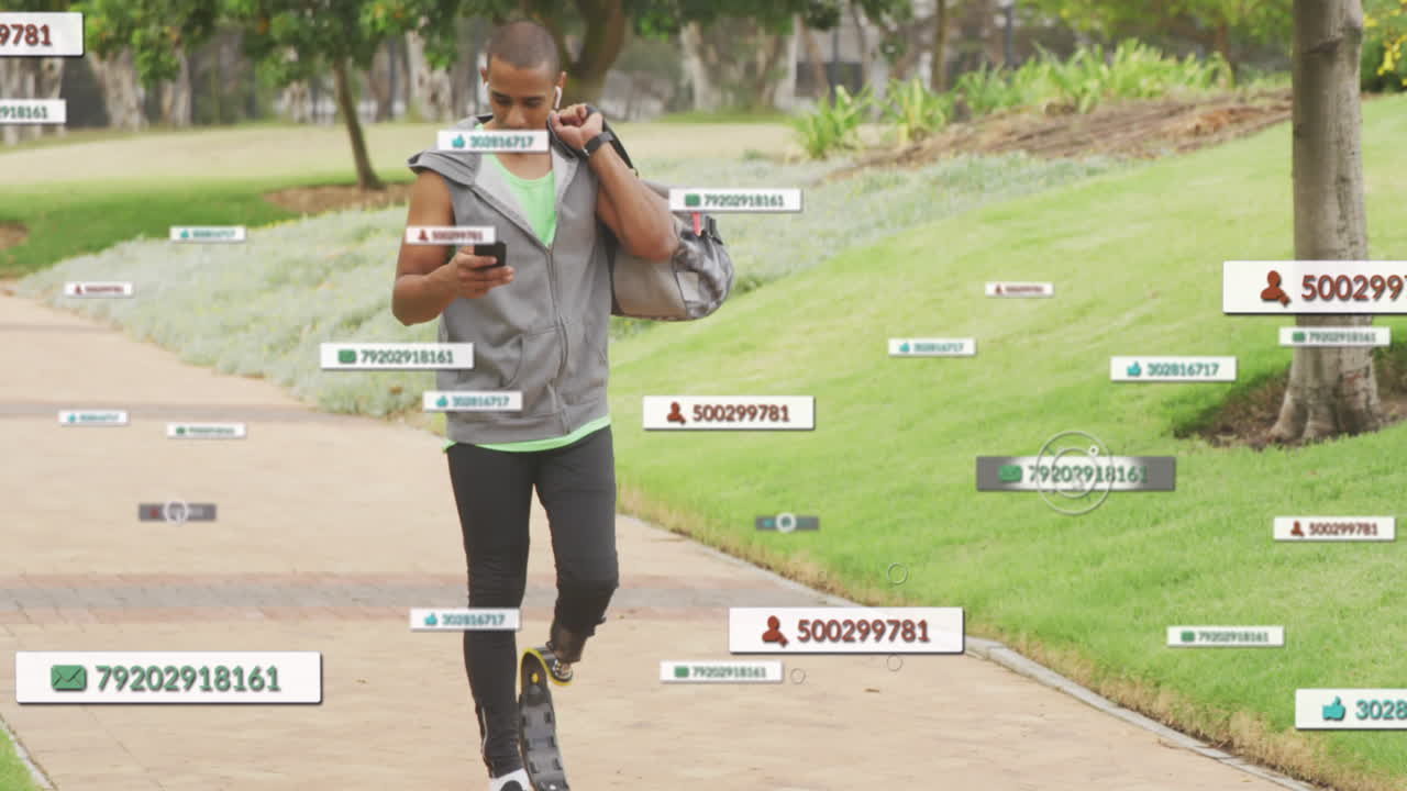 Animation of social network notifications over male athlete with running blade using smartphone