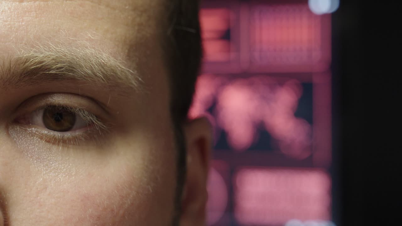 A detailed close-up of a human eye, with a futuristic AI agent and digital AI elements glowing behind