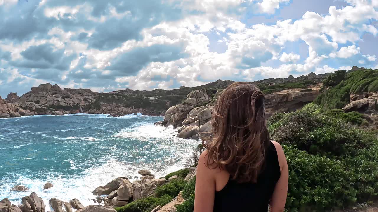 Rear View of Brunette Girl Looking Out Over the Wild Ocean and Coast
