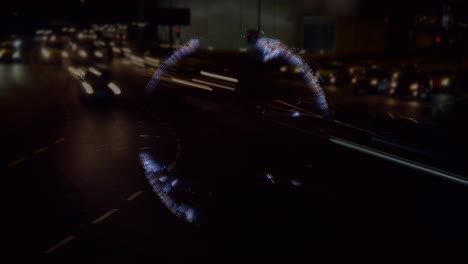 animation of globe and data processing over road traffic in city