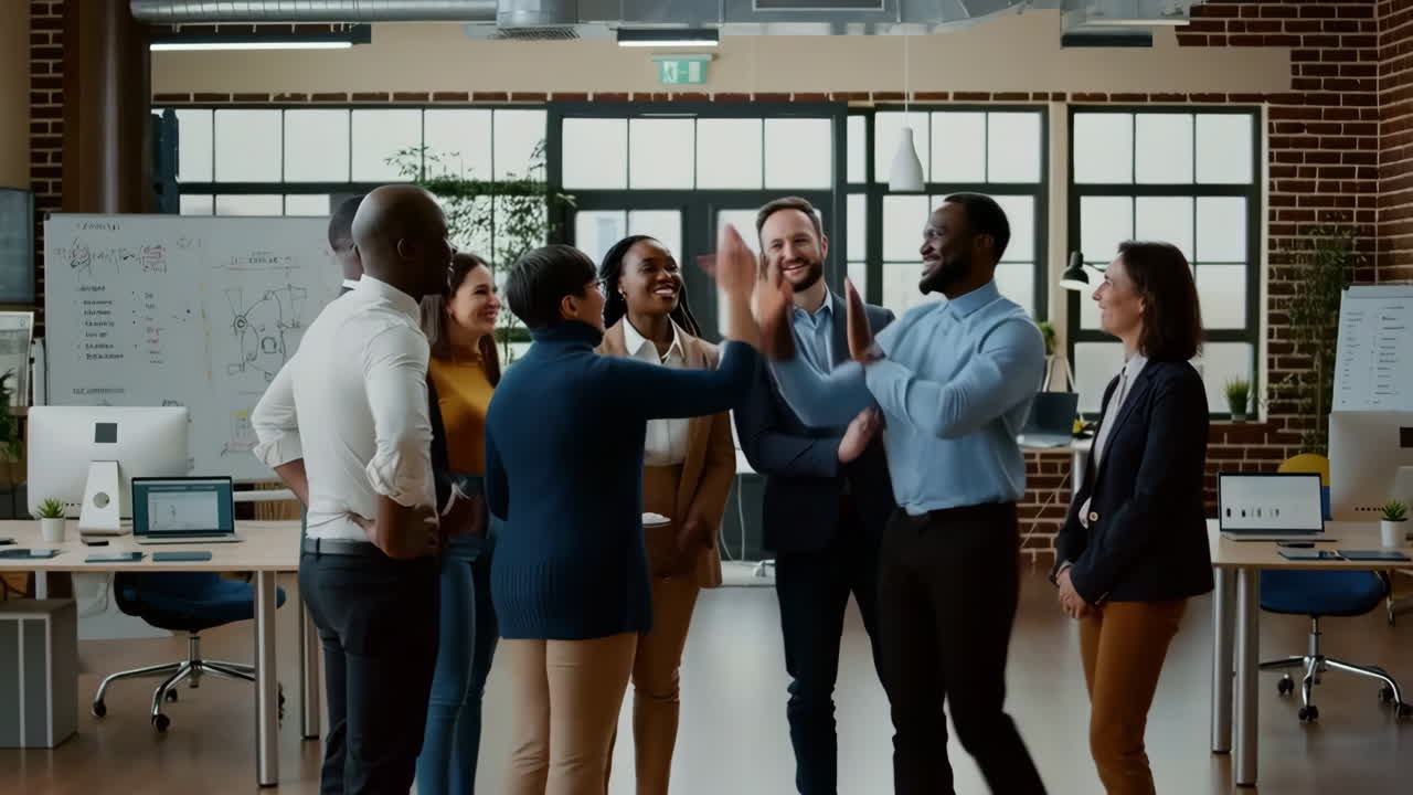 La squadra d'affari celebra il successo con un cinque in ufficio