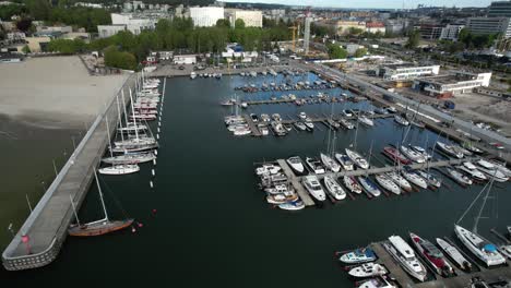 gdynia city marina with boats. aerial view of polish baltic sea harbour