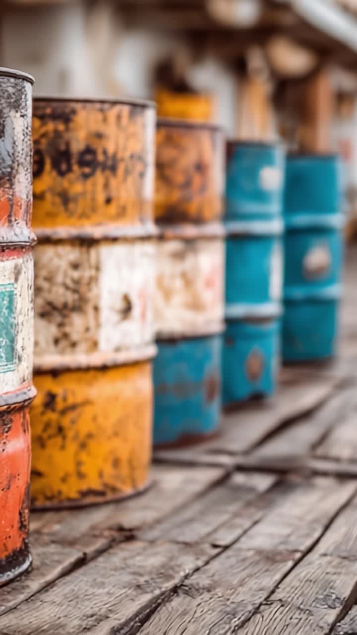 Bunte gestapelte Fässer auf einem verwitterten Holzsteg: Eine Nahaufnahme von Industriebehältern und ihren strukturierten Oberflächen, die Rost und Abnutzung hervorheben.