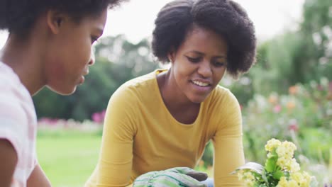 portret van glimlachende afro-amerikaanse moeder en dochter die samen tuinieren in een zonnige tuin