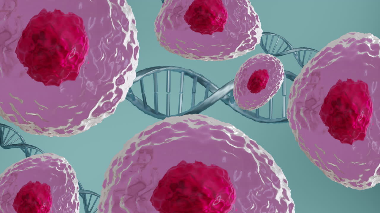 animación de células del cuerpo humano y cadena de adn sobre fondo azul