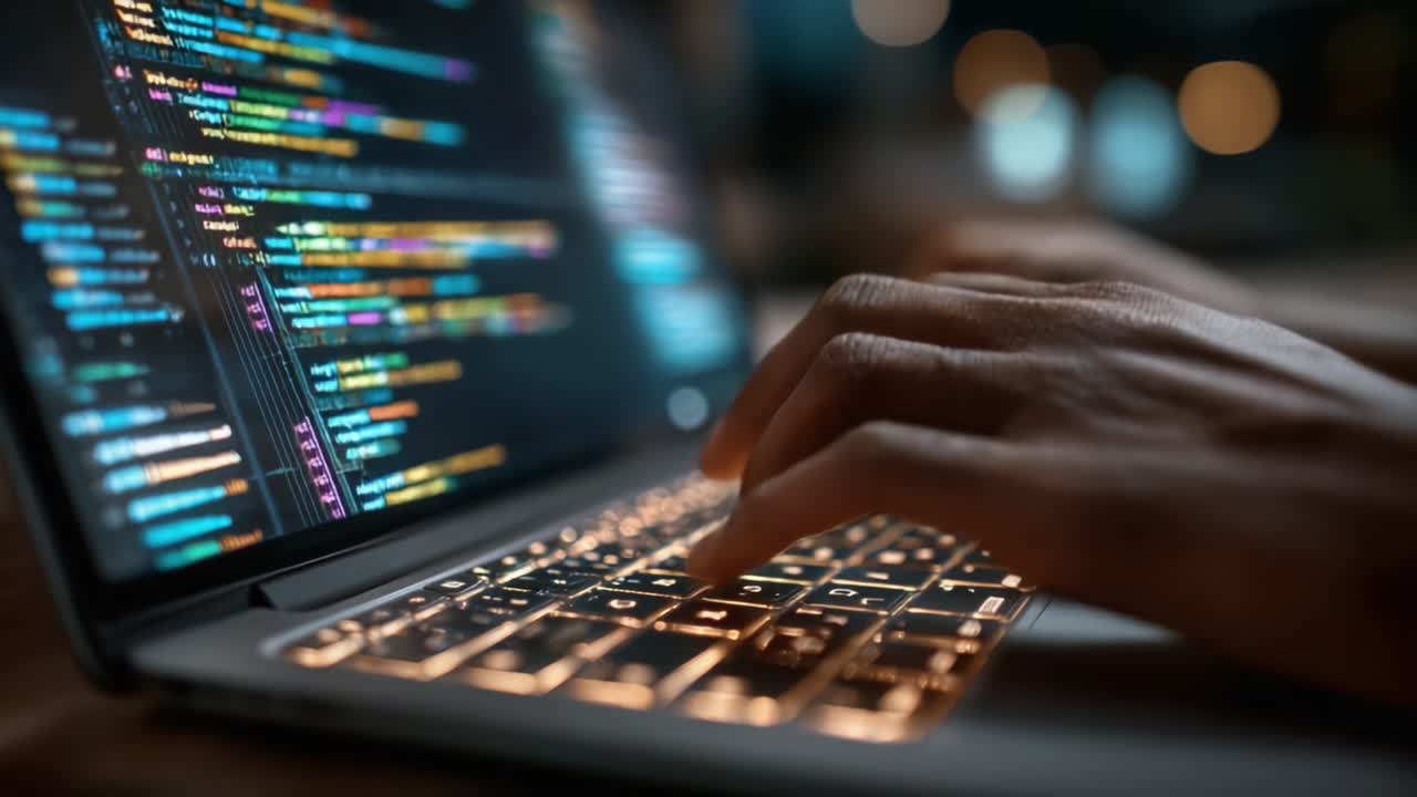 An Engaging Close-Up of Hands Typing Code on a Laptop, Showcasing Colorful Syntax Highlighting in a Modern Coding Environment and the Impact of Technology on Innovation