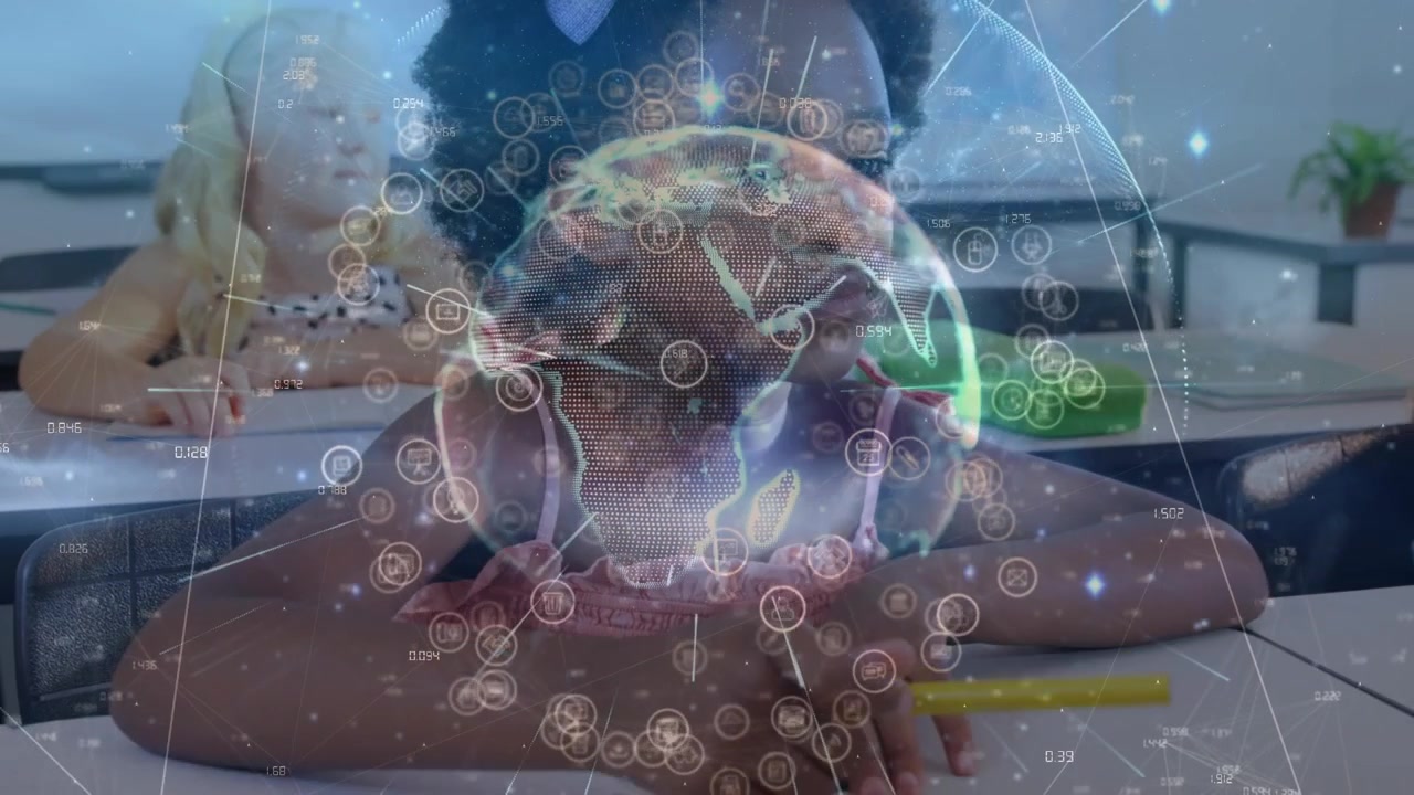 Animation of network of connections and globe over african american girl learning at school