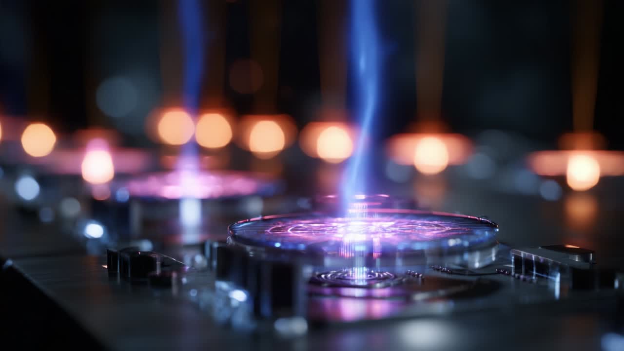 Mesmerizing Visuals of Pulsating Energy: An Electrifying Display of Colorful Flames Emanating from Technological Platforms, Capturing Dynamic Light and Motion in a Stunning Close-Up