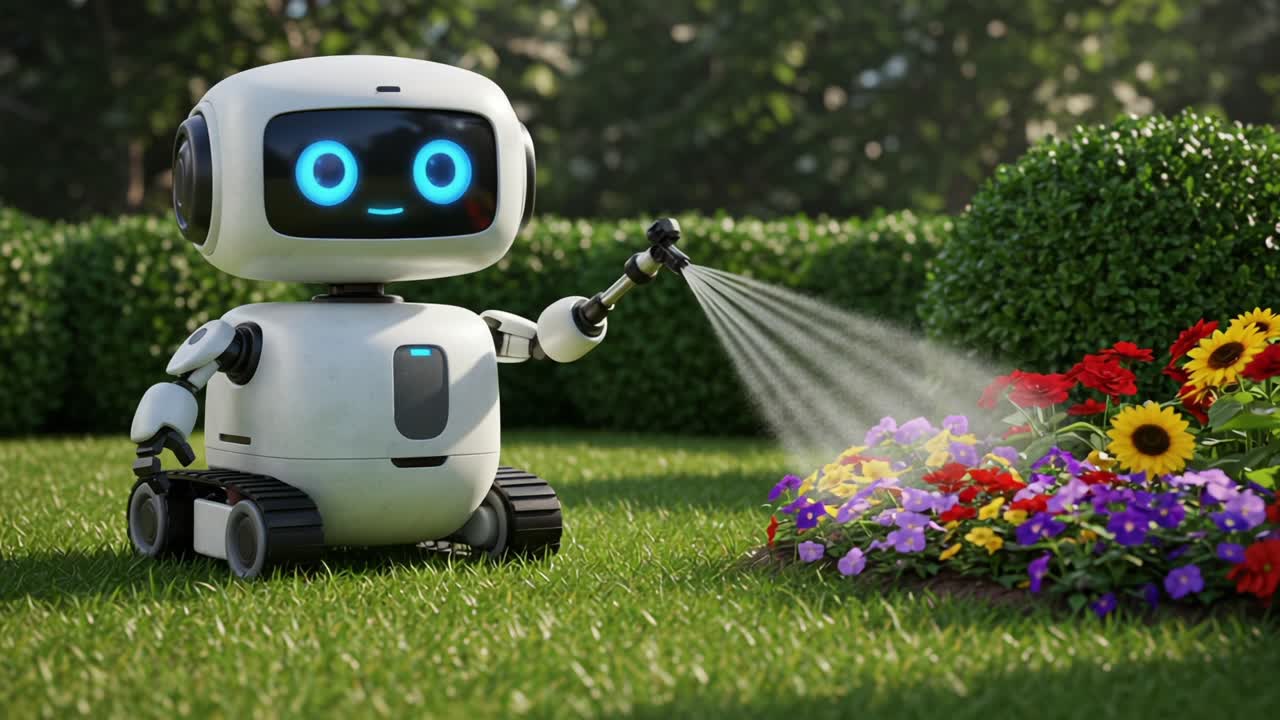 A Charming Robot Engaging in Gardening Activities: Watering Flowers with a Sprinkler in a Lush Green Environment, Showcasing Automation in Nature