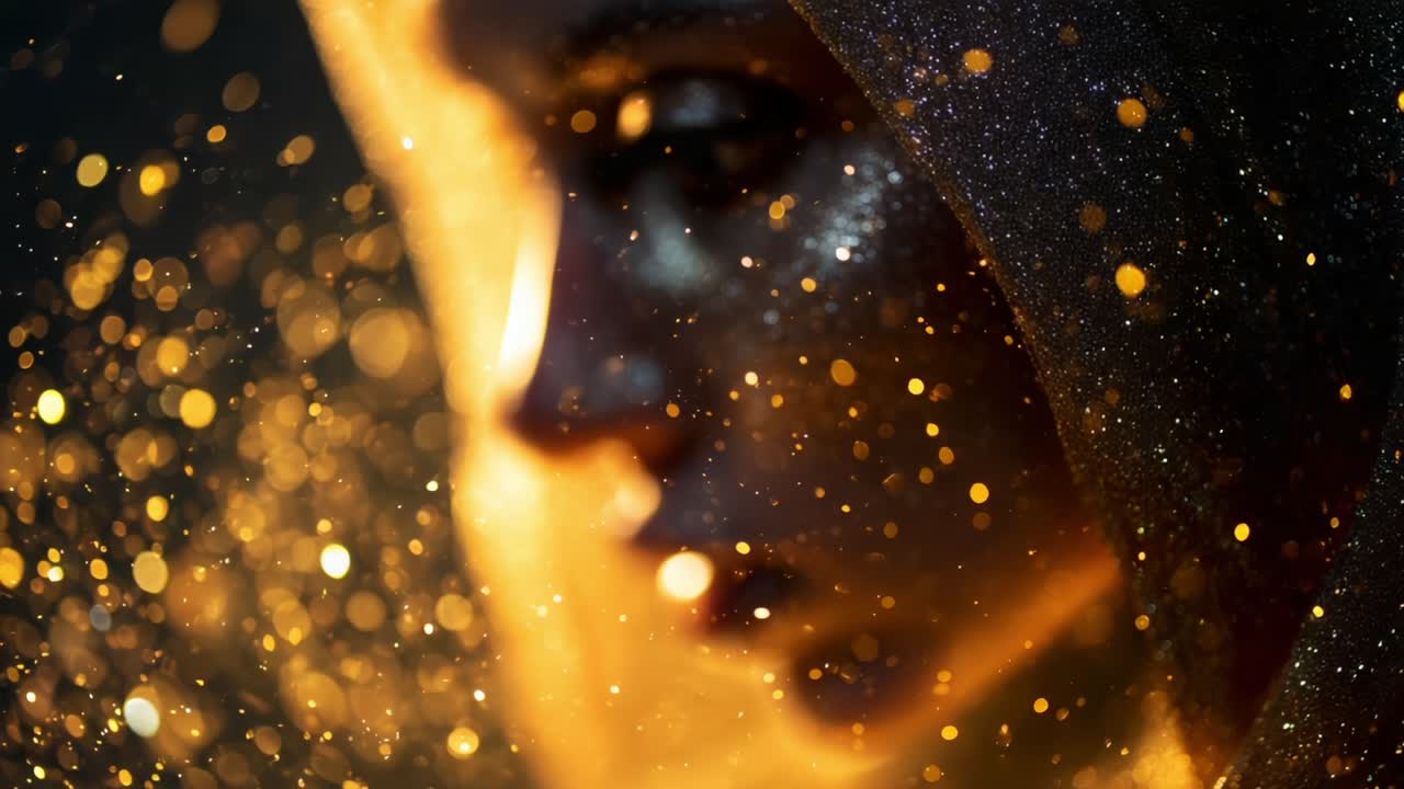 A mesmerizing portrayal of a figure shrouded in a shimmering veil, illuminated by soft golden light, creating an ethereal atmosphere filled with glimmering particles that evoke a sense of wonder and beauty