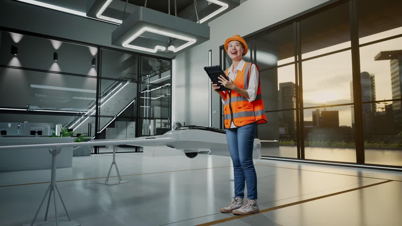 Kvindelig ingeniør inspicerer en drone i et moderne anlæg