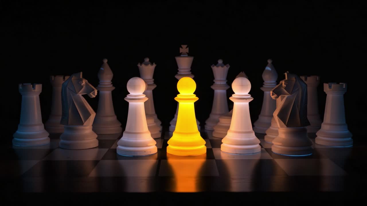 A Striking Contrast: Illuminated Chess Piece Surrounded by an Array of Shadows on the Board, Evoking Strategy and Tension in an Intense Game