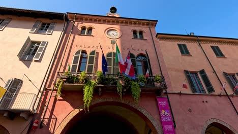 charming architecture with flags and vibrant banners