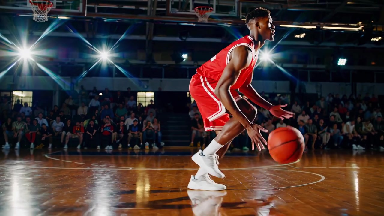 Giocatore di basket che palleggia su un campo illuminato con pubblico