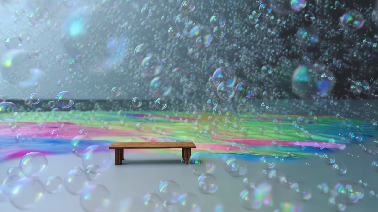Iridescent Bubbles Over Rainbow Oil Puddle, Small Wooden Block Resting On Glossy Surface, Macro Slowmotion