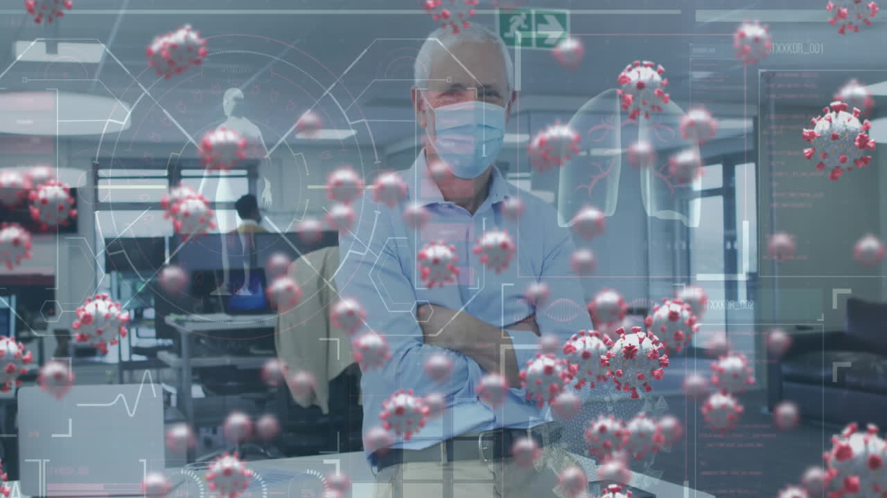 사무실에서 마스크를 쓰고 서 있는 코카시안 노인에 대한 코로나19 세포의 애니메이션