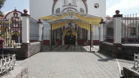 aerial frontal view of stone church door in jalisco mexico