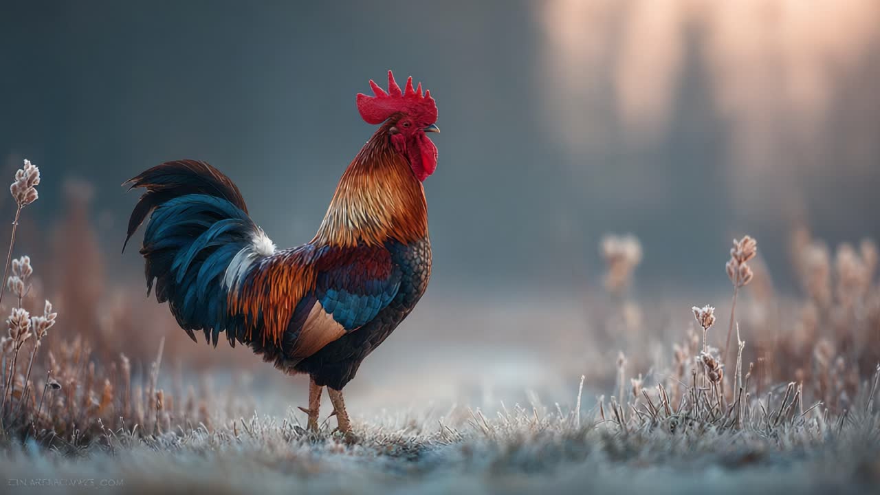 Donmuş çimenlerin arasında gururla duran görkemli bir horoz, erken sabah ışığında canlı ve büyüleyici tüylerini sergiliyor.