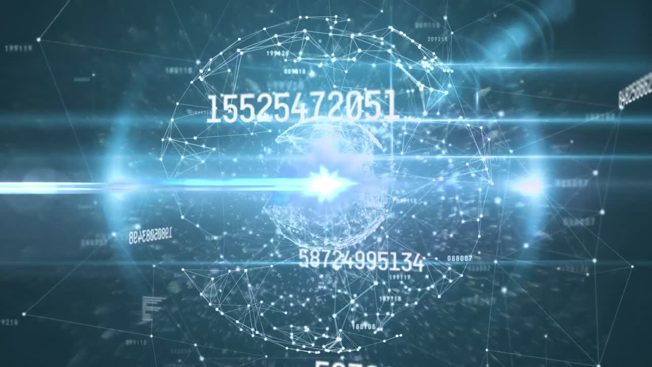 Animation of globe of network of connections with numbers and data processing