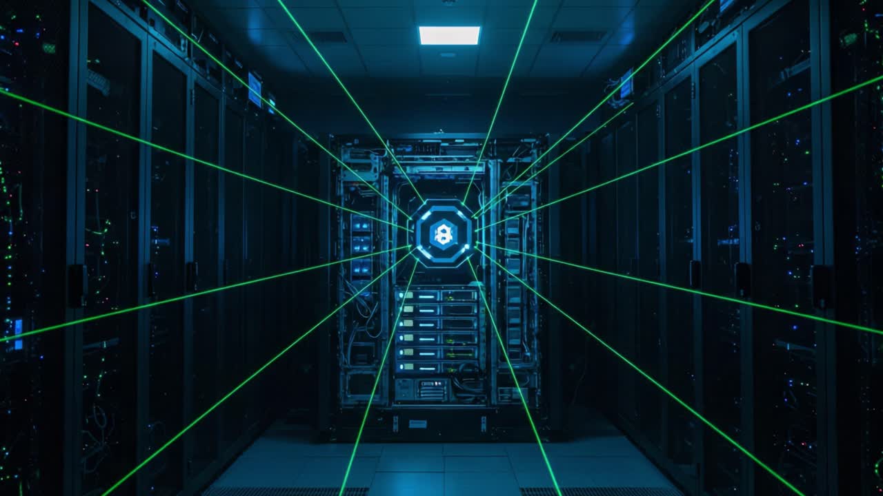 A Futuristic Data Center Illuminated by Green Laser Beams, Showcasing High-Tech Server Racks and Digital Connectivity in a Dynamic, High-Energy Environment