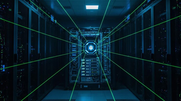A Futuristic Data Center Illuminated by Green Laser Beams, Showcasing High-Tech Server Racks and Digital Connectivity in a Dynamic, High-Energy Environment