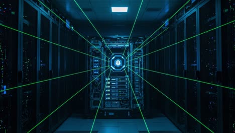 a futuristic data center illuminated by green laser beams, showcasing high-tech server racks and digital connectivity in a dynamic, high-energy environment
