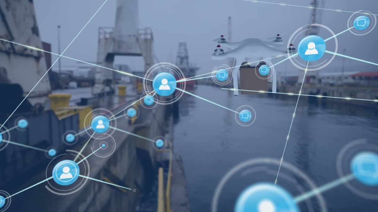 포트 및 드론에 대한 아이콘으로 연결 네트워크의 애니메이션