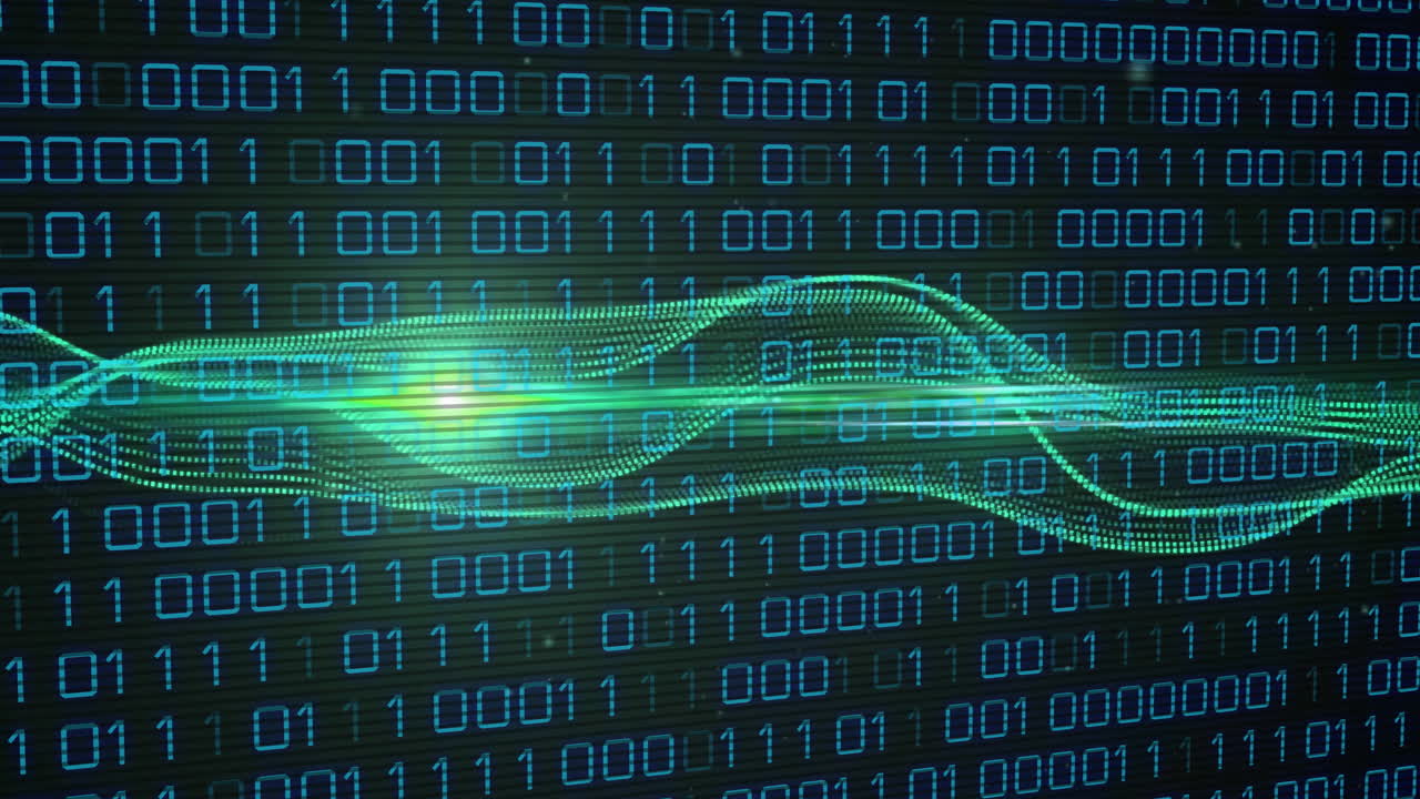 Binary code and green wave animation, data processing concept