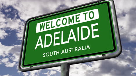 Welcome-to-Adelaide,-South-Australia,-City-Road-Sign,-Realistic-3D-Animation