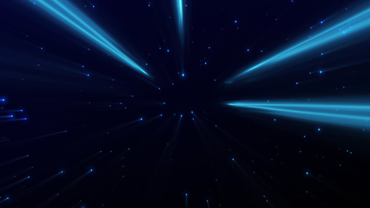 Animation of blue neon light trails and light spots over black background