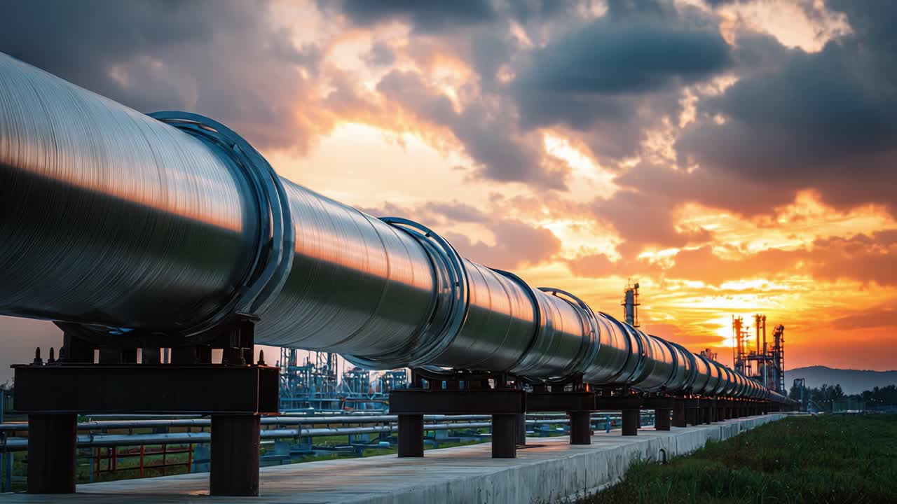 Un llamativo contraste entre la industria y la naturaleza: Tuberías metálicas que se extienden hacia un impresionante atardecer en un paisaje industrial.