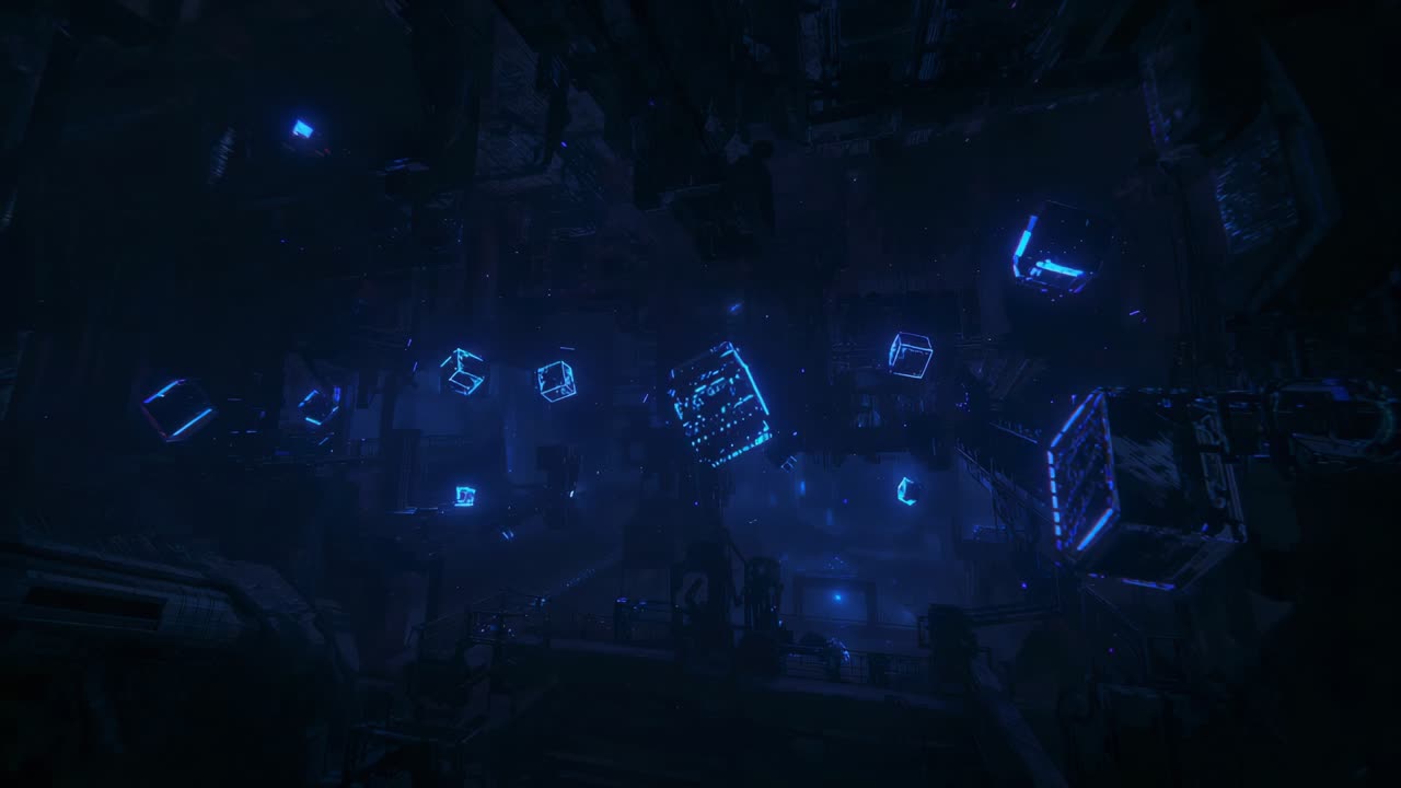 Pulsing central cube sparking cubes rotating and aligning in tech chamber, crate charging