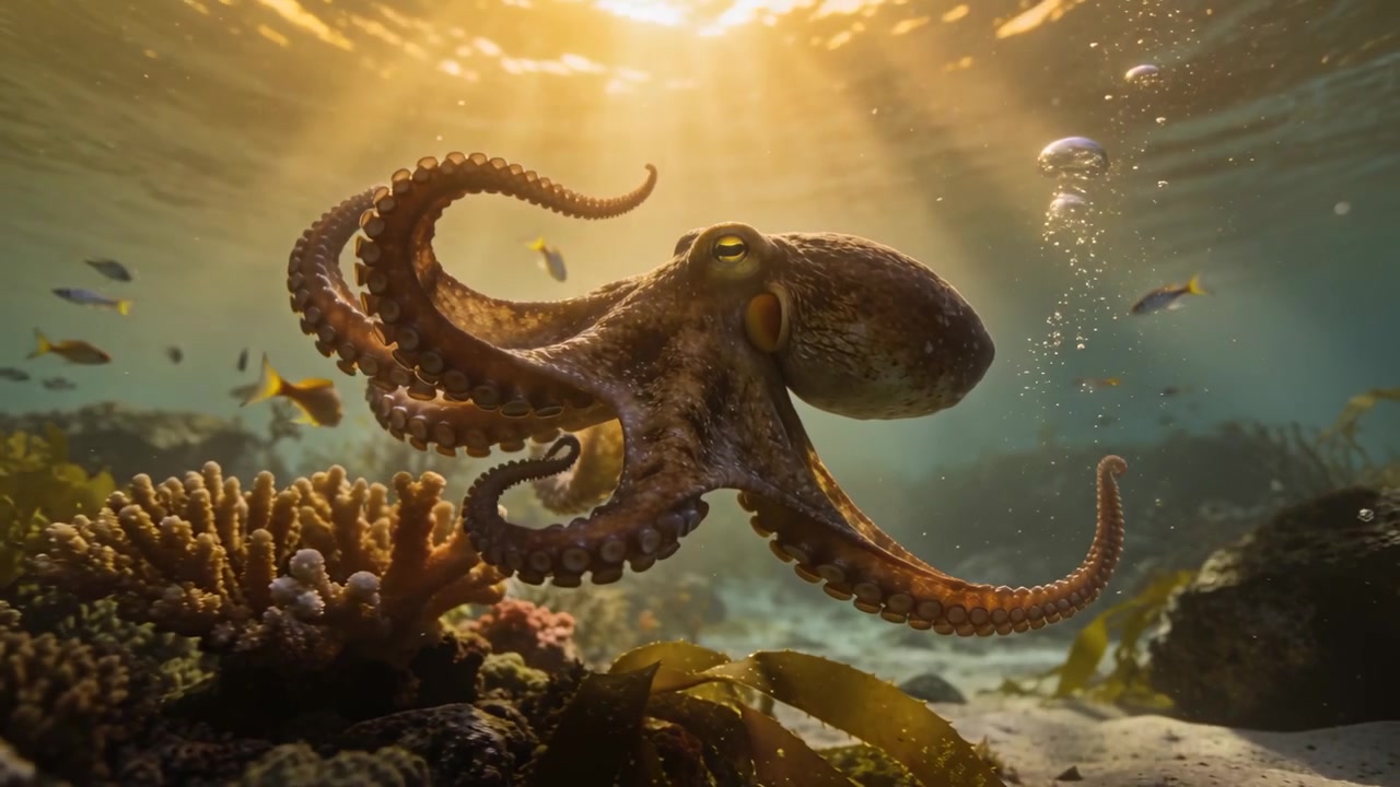 Reagendo alla luce del sole, un polpo maculato si libra sopra una barriera corallina sabbiosa, estendendo i tentacoli verso il corallo